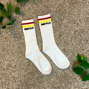 Roller Skating White Striped Red Yellow Impala Ribbed Crew Socks Vintage Style